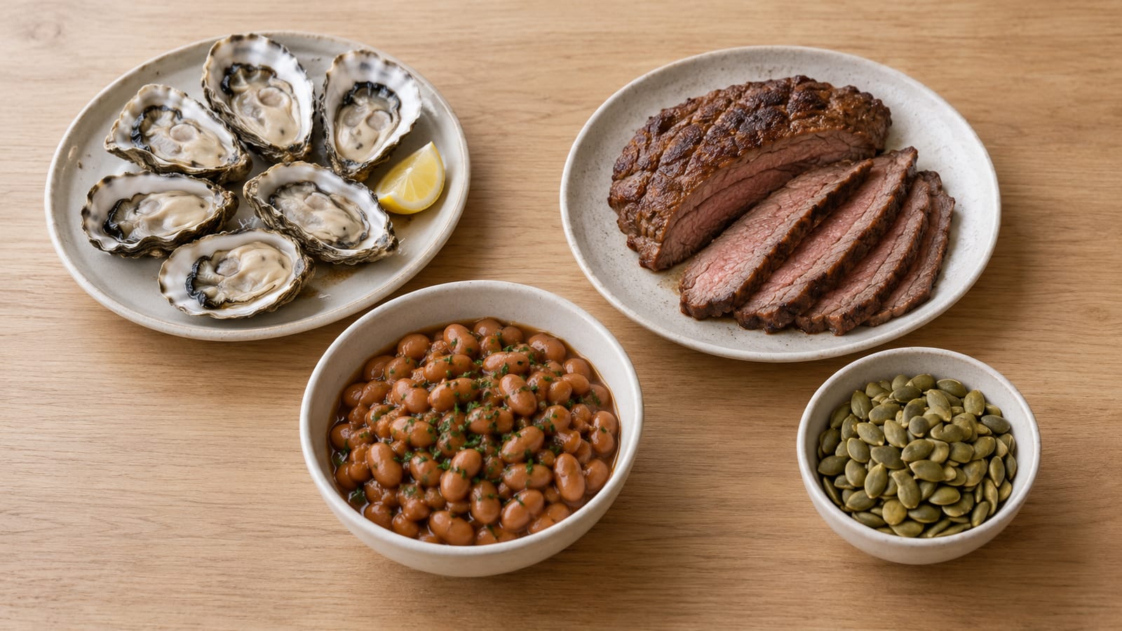 Oysters with lemon, sliced beef, beans, and pumpkin seeds in dishes on a wooden table