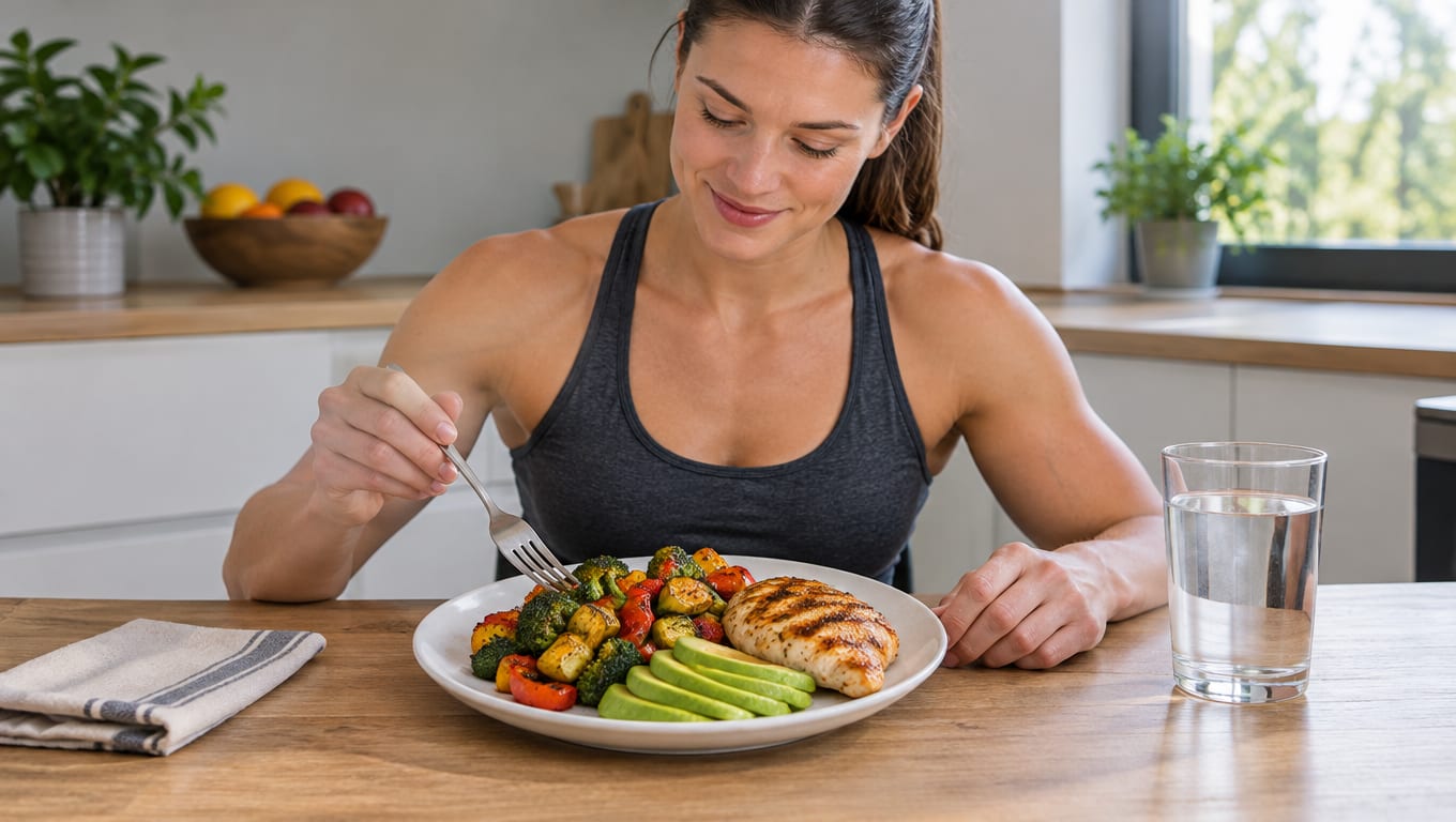 Athletic woman eating grilled chicken breast, roasted vegetables, and avocado from a white plate