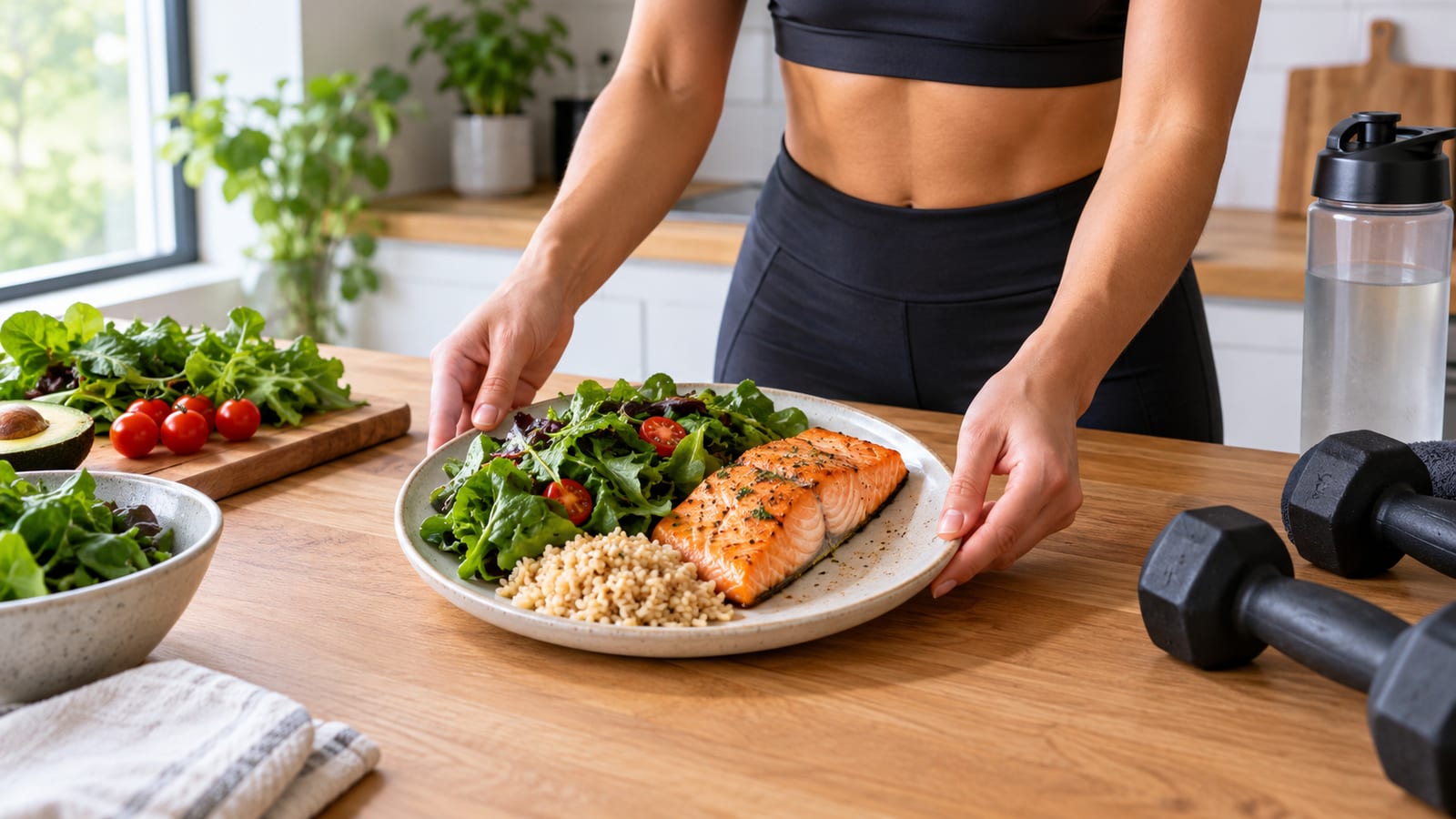 A woman in athletic wear holds a plate of salmon, rice, and salad beside dumbbells
