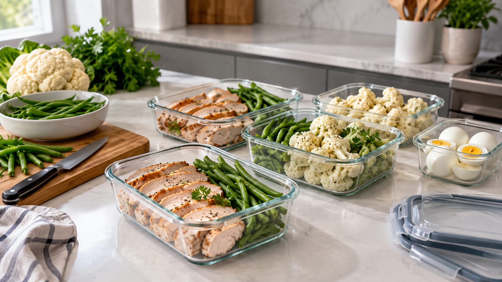 Glass containers of sliced chicken breast, green beans, cauliflower, and boiled eggs on a counter