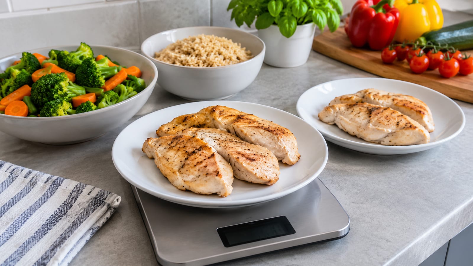 Grilled chicken breasts on a white plate on a digital scale in a kitchen