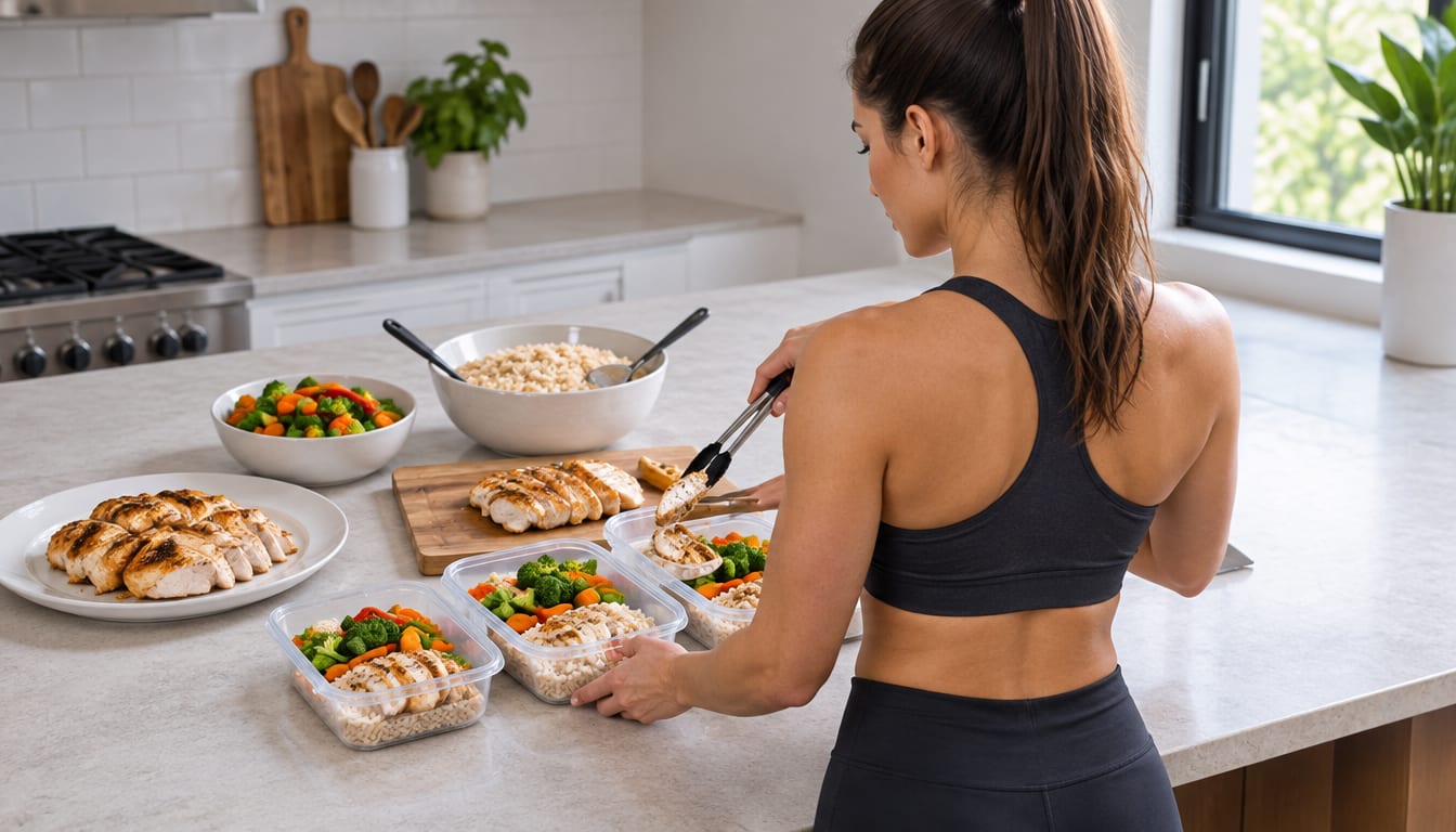 Woman in black sports bra and leggings places chicken into clear containers on kitchen counter