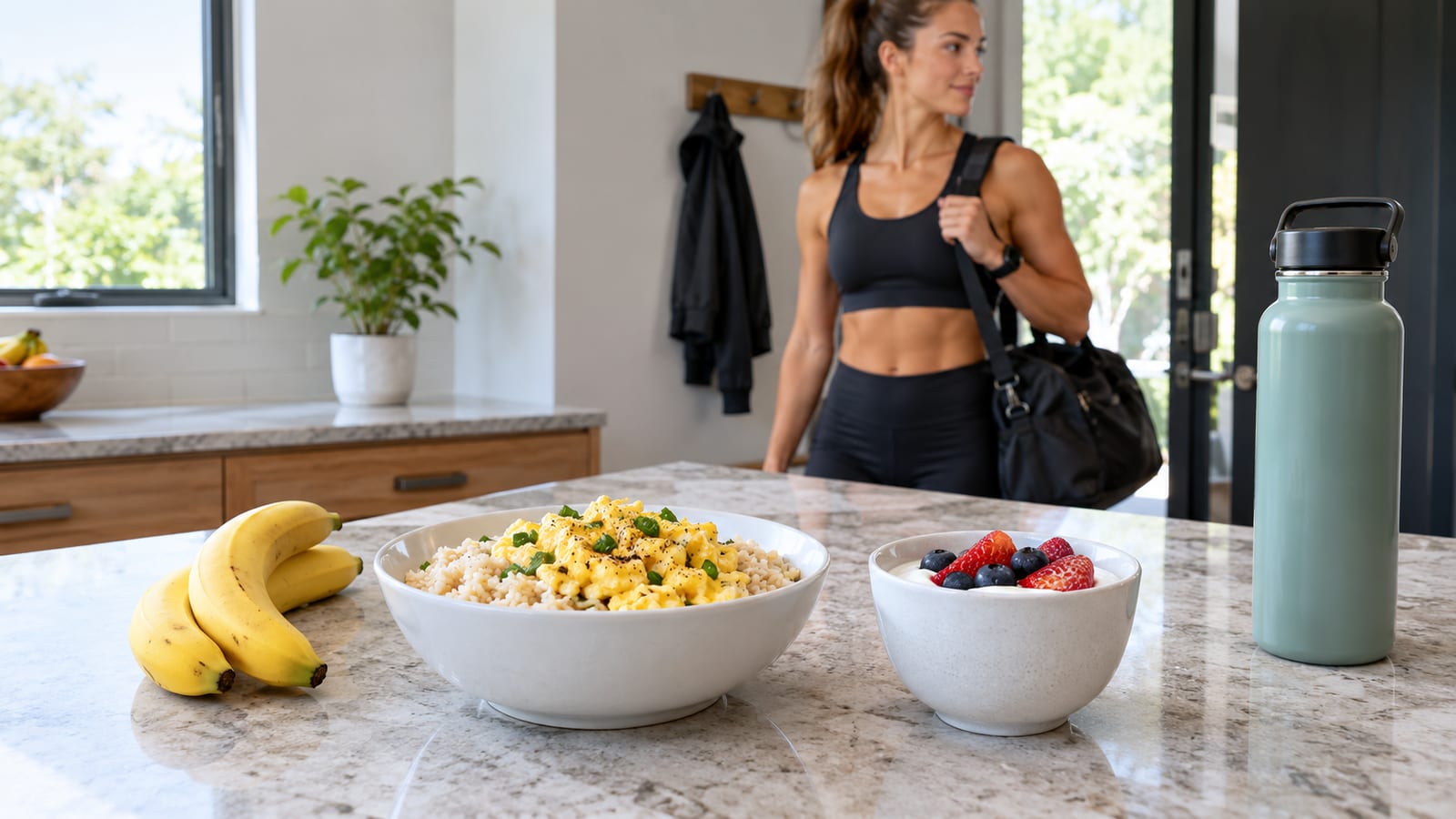 Scrambled eggs and berry yogurt on a counter with an athlete holding a gym bag