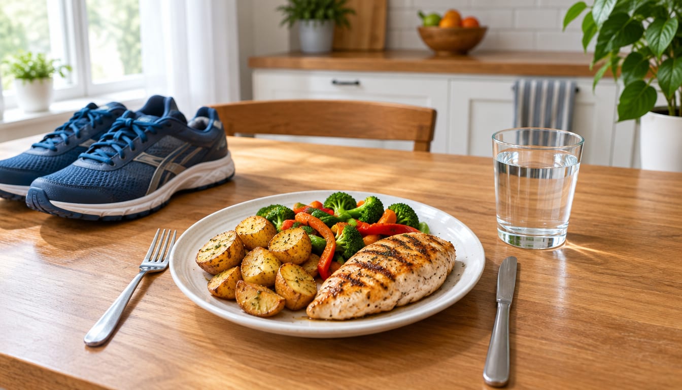 Grilled chicken breast, roasted potatoes, and vegetables on a plate beside blue running shoes