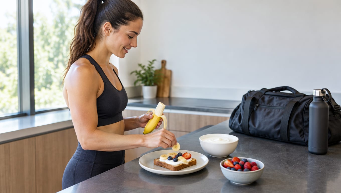 Athlete prepares a quick snack of banana, yogurt, and toast between sessions